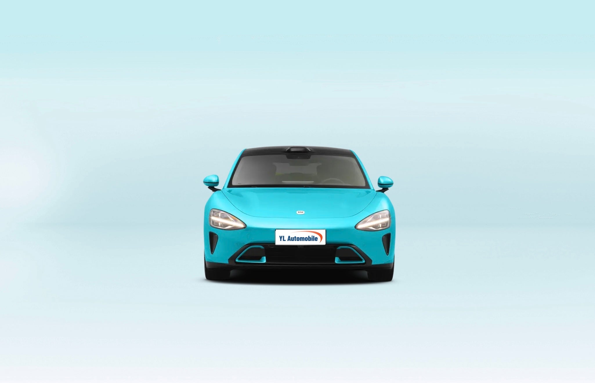 The sleek metallic blue Xiaomi SU7 electric saloon on display at an automotive showcase